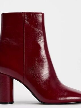 Zara Deep Burgundy Leather Block Heel Ankle Boots